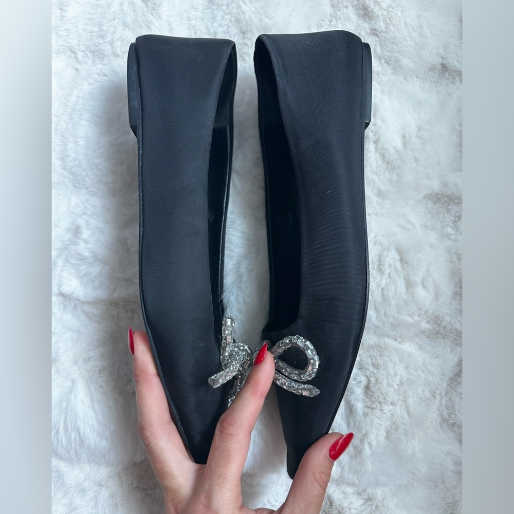 ZARA Black Pointed Toe Embellished Bow Flats - Picture 3 of 7